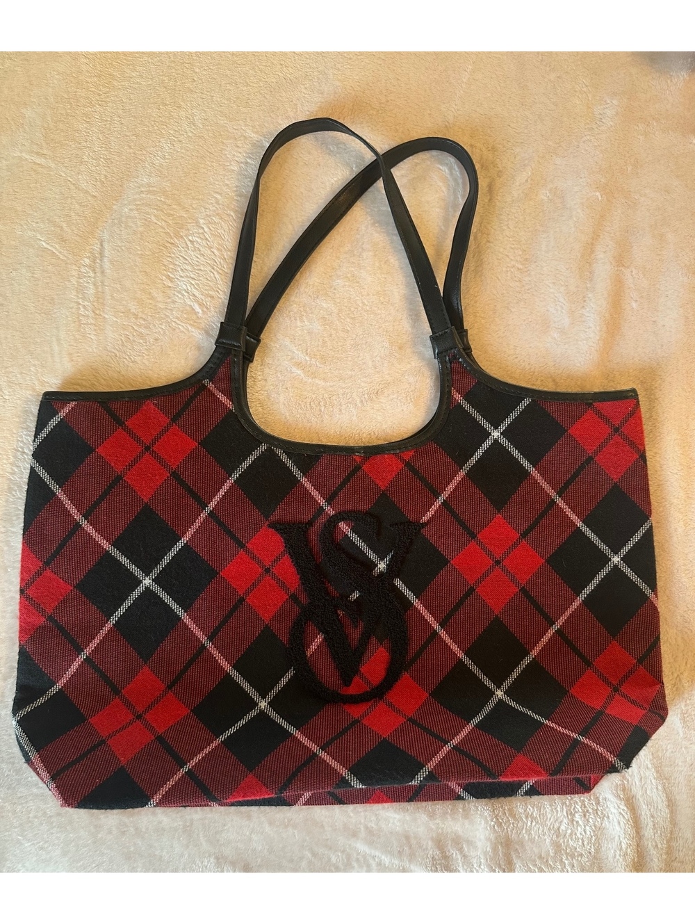 Victoria's Secret Red and Black Plaid Flannel Tote Bag Logo Lined Weekender